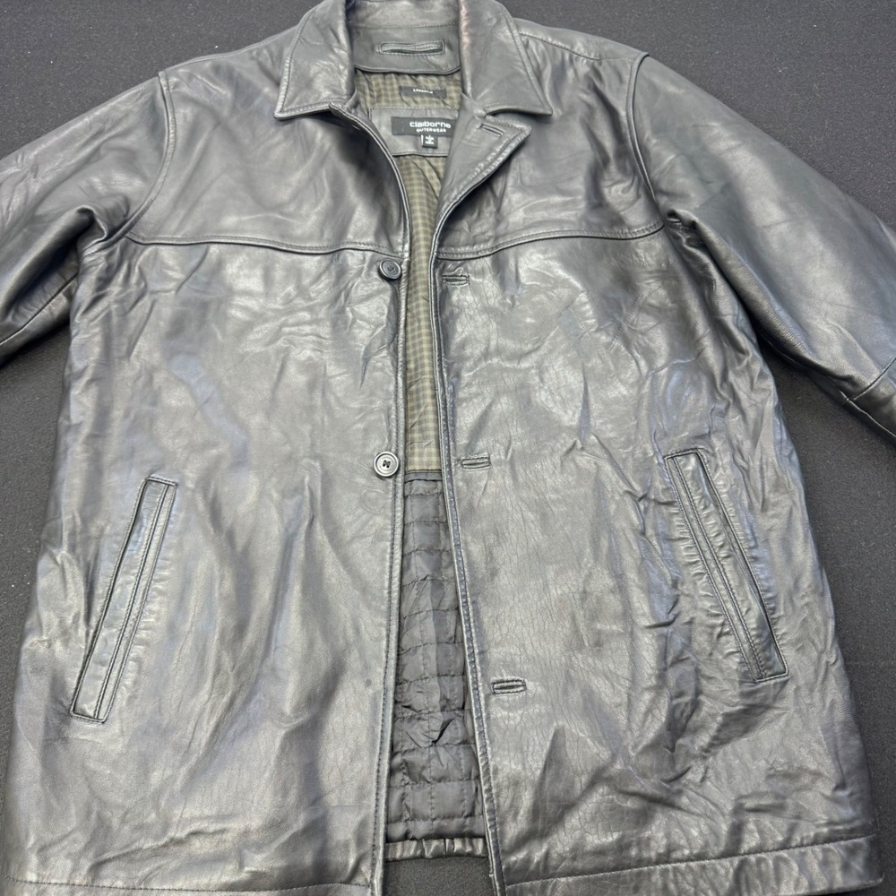 Claiborne Outerwear Mens Black Leather Jacket Thinsulate Insulated Coat Size L